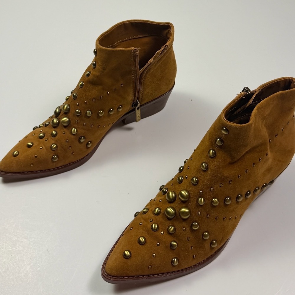 1.STATE Womens Tan Suede Studded Pointed Toe Western Ankle Booties Brown